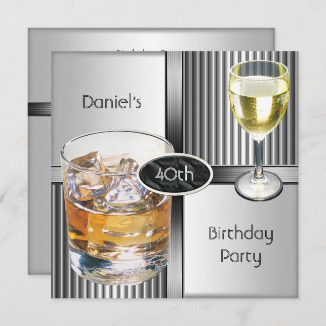 40th Birthday Party Mens Drinks Metal Black Silver Invitation (Front/Back)
