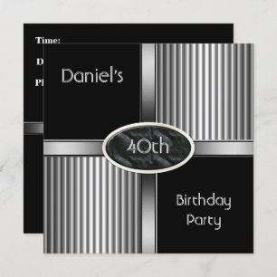 40th Birthday Party Mens Metal Black White Silver Invitation