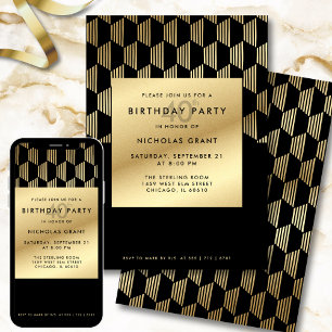 40th Birthday Party Modern Black and Gold Foil Invitation