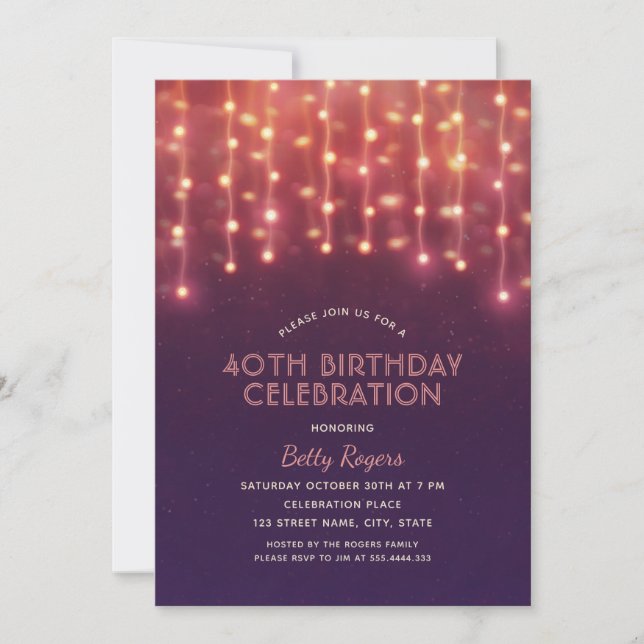 40th Birthday Party Modern Glitter String Lights Invitation (Front)