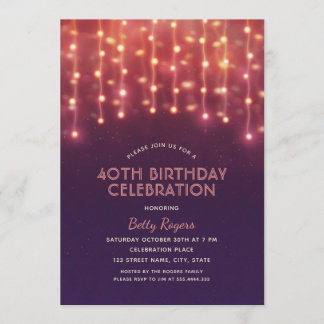 40th Birthday Party Modern Glitter String Lights Invitation