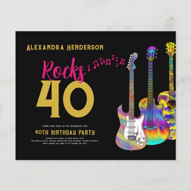 40th Birthday Party Music Rocks 40 Budget Flyer (Front)