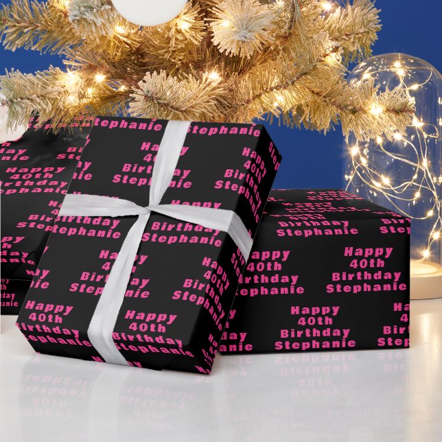 40th Birthday Party Name Black Pink Modern Pattern Wrapping Paper (Holidays)