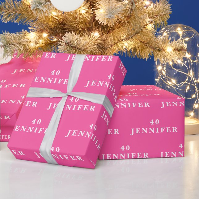 40th Birthday Party Name Hot Pink Modern Pattern Wrapping Paper (Holidays)