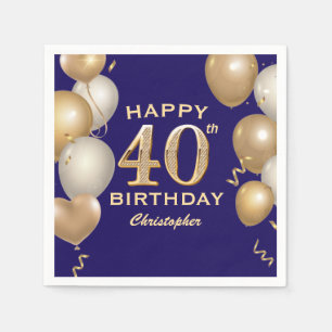 40th Birthday Party Navy Blue and Gold Balloons Napkin