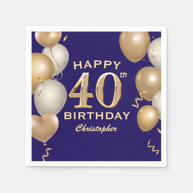 40th Birthday Party Navy Blue and Gold Balloons Napkin (Front)