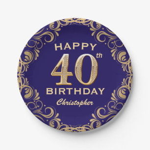 40th Birthday Party Navy Blue and Gold Glitter Paper Plate