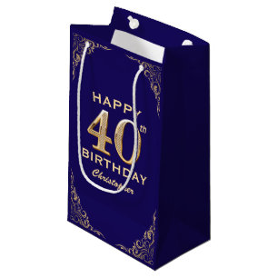 40th Birthday Party Navy Blue and Gold Glitter Small Gift Bag