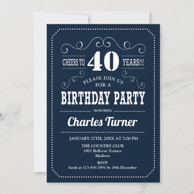 40th Birthday Party - Navy White Invitation (Front)