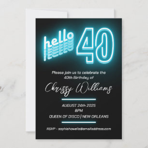 40th Birthday Party Neon Blue Invitation