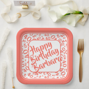40th Birthday Party Number Pattern Coral/White Paper Plate