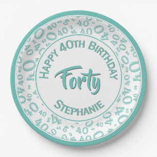 40th Birthday Party Number Pattern Teal and White Paper Plate