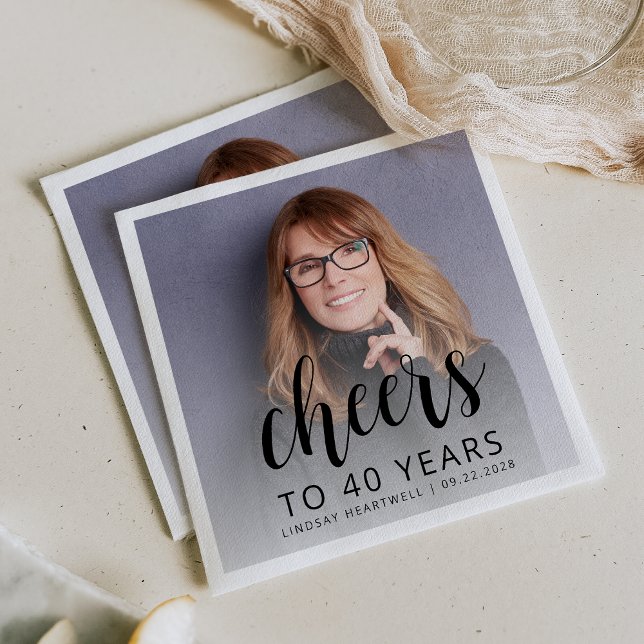 40th Birthday Party Photo Black Script Cheers Napkin (Creator Uploaded)