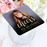 40th Birthday Party Photo Cheers Square Paper Coaster<br><div class="desc">This custom 40th birthday paper coaster features the guest of honour's personalised photo,  name,  and birthday,  along with the word "Cheers" in elegant gold-coloured calligraphy script. A dark screen helps make the text pop. A great way to celebrate someone who's turning forty!</div>