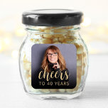 40th Birthday Party Photo Cheers Square Sticker<br><div class="desc">This custom 40th birthday sticker features the guest of honour's personalised photo and birthday,  along with the word "Cheers" in elegant gold-coloured calligraphy script. A dark screen helps make the text pop. A great way to celebrate someone who's turning forty!</div>