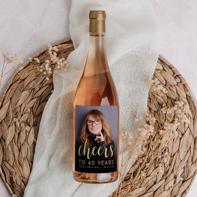40th Birthday Party Photo Cheers Wine Label (Creator Uploaded)