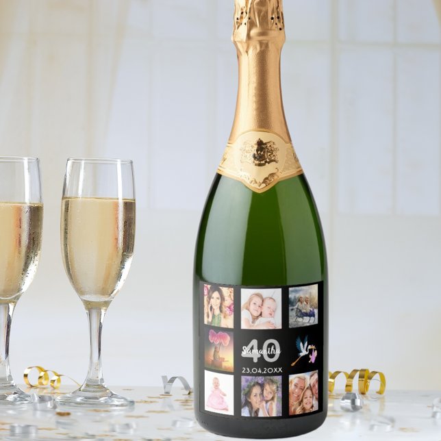40th birthday party photo collage black sparkling wine label (Creator Uploaded)