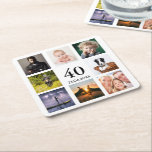 40th birthday party photo collage guy square paper coaster<br><div class="desc">A coaster for a 40th birthday party for a guy,  celebrating his life with a collage of 8 of your own photos.  Templates for the age 40 and a date.  Date of birth or the date of the party.  Black coloured letters.  White background.</div>