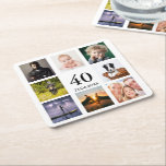 40th birthday party photo collage guy square paper coaster<br><div class="desc">A coaster for a 40th birthday party for a guy,  celebrating his life with a collage of 8 of your own photos.  Templates for the age 40 and a date.  Date of birth or the date of the party.  Black coloured letters.  White background.</div>