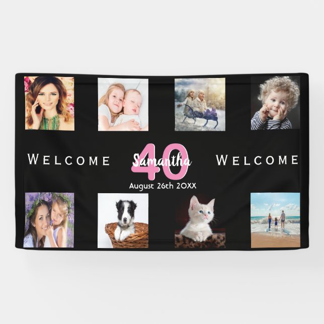40th birthday party photo collage woman black banner (Horizontal)