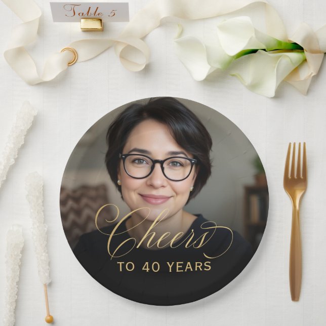 40th Birthday Party Photo Gold Script Cheers  Paper Plate (Wedding)