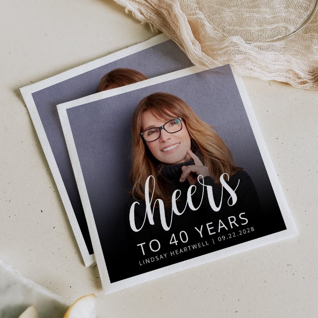 40th Birthday Party Photo White Script Cheers Napkin (Creator Uploaded)