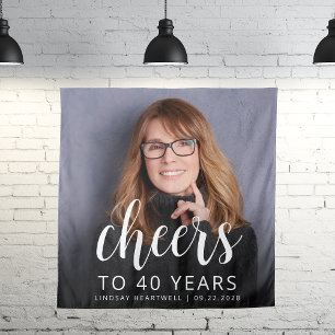 40th Birthday Party Photo White Script Cheers Tapestry