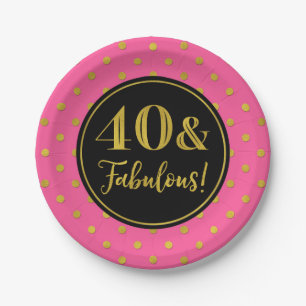 40th Birthday Party Pink Black Gold Dots Paper Plate