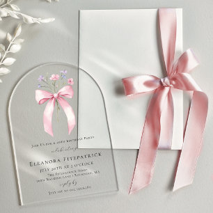 40th Birthday Party Pink Bow Wildflower Arch Acrylic Invitations