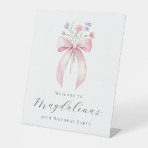 40th Birthday Party Pink Bow Wildflower Welcome Pedestal Sign