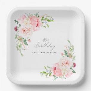 40th Birthday Party Pink Floral Custom Paper Plate