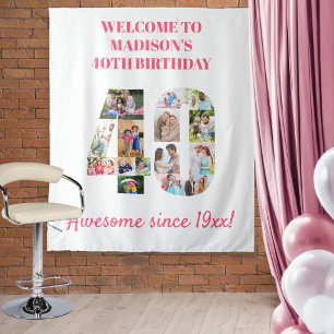 40th Birthday Party Pink Photo Collage Backdrop Tapestry