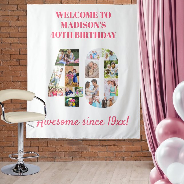 40th Birthday Party Pink Photo Collage Backdrop Tapestry (Creator Uploaded)
