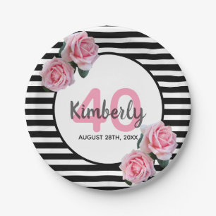 40th birthday party pink roses black white stripes paper plate