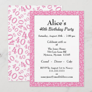 40th Birthday Party, Pink/White Number Pattern Invitation