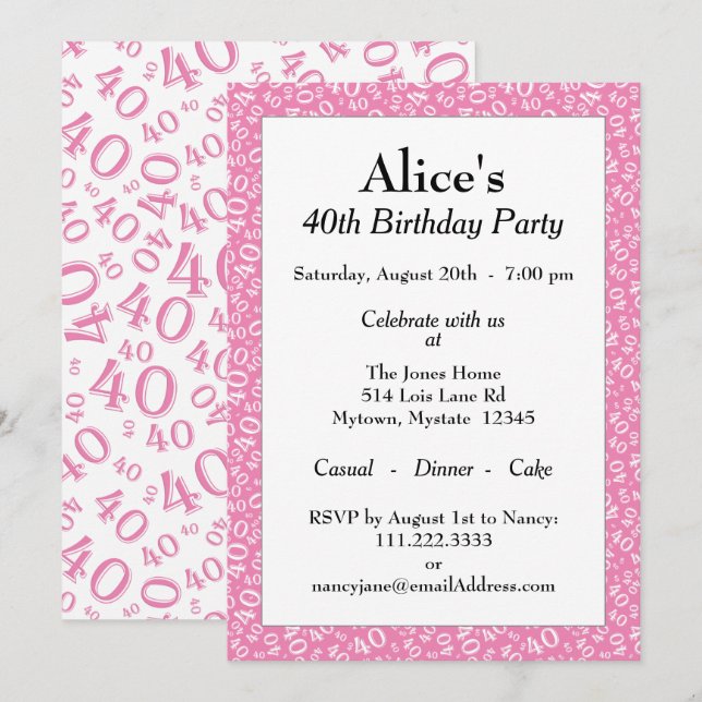 40th Birthday Party, Pink/White Number Pattern Invitation (Front/Back)