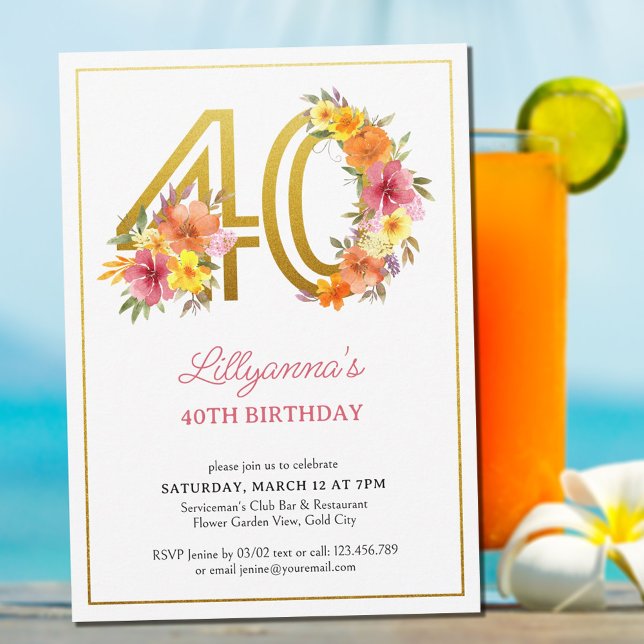 40th Birthday Party Pretty Floral Gold Number 40 Invitation (Creator Uploaded)