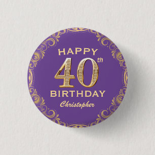 40th Birthday Party Purple and Gold Glitter Frame 3 Cm Round Badge