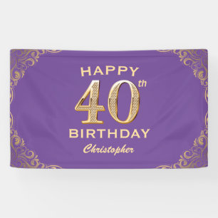40th Birthday Party Purple and Gold Glitter Frame Banner