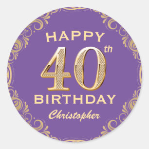 40th Birthday Party Purple and Gold Glitter Frame Classic Round Sticker