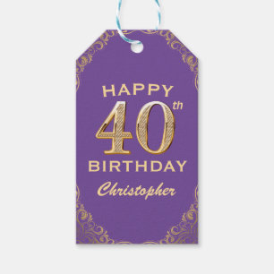 40th Birthday Party Purple and Gold Glitter Frame Gift Tags