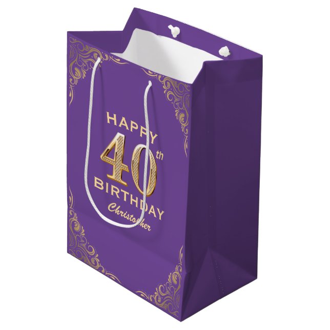 40th Birthday Party Purple and Gold Glitter Frame Medium Gift Bag (Front Angled)