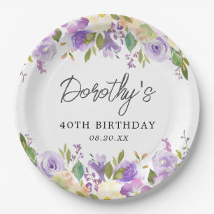 40th Birthday Party Purple Rose Floral Custom Paper Plate