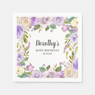 40th Birthday Party Purple Rose Floral Monogram Napkin