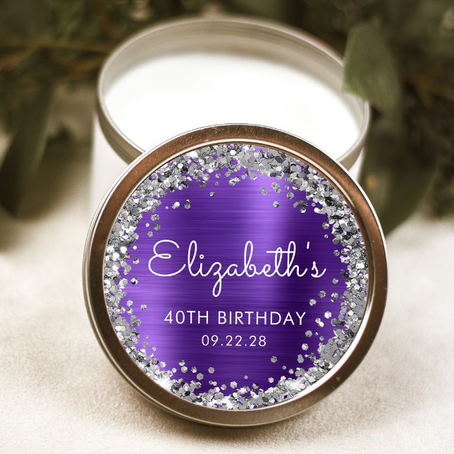 40th Birthday Party Purple Silver Glitter Classic Round Sticker (Creator Uploaded)