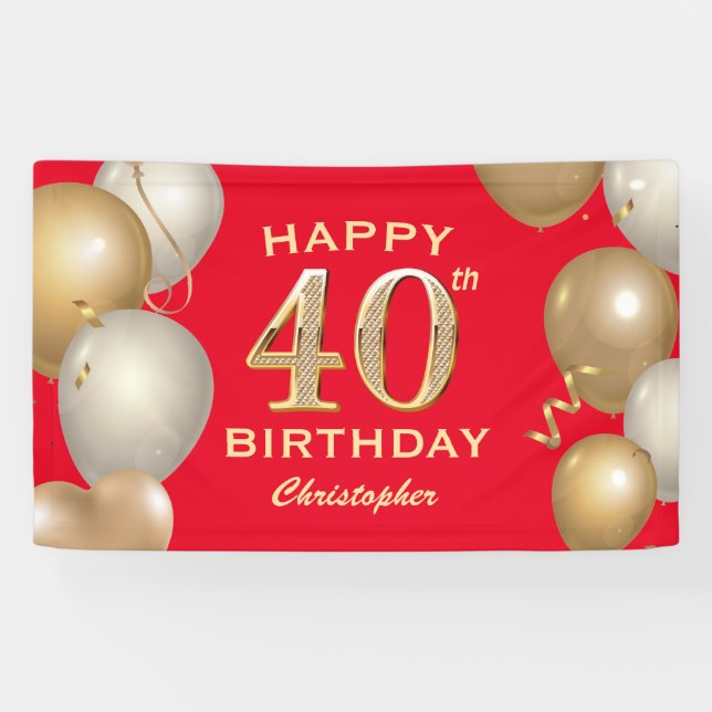 40th Birthday Party Red and Gold Balloons Banner (Horizontal)