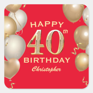 40th Birthday Party Red and Gold Balloons Square Sticker