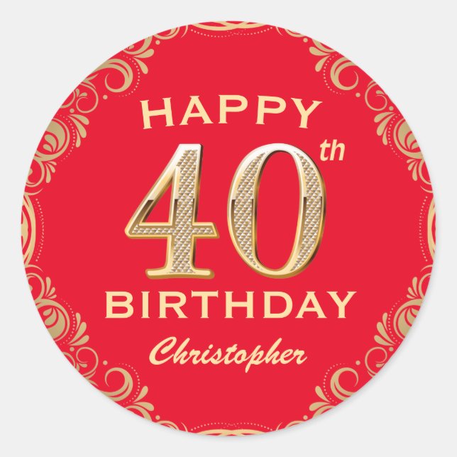 40th Birthday Party Red and Gold Glitter Frame Classic Round Sticker (Front)