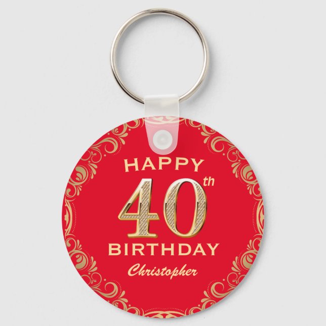 40th Birthday Party Red and Gold Glitter Frame Key Ring (Front)