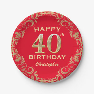 40th Birthday Party Red and Gold Glitter Frame Paper Plate